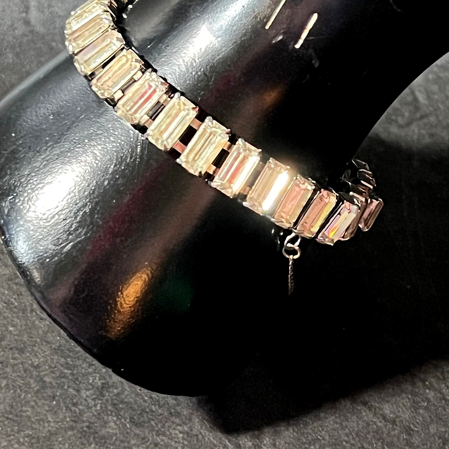 Vtg Wide Rhinestone Tennis Bracelet Box Clasp Safety Chain Octagon Cut Stones