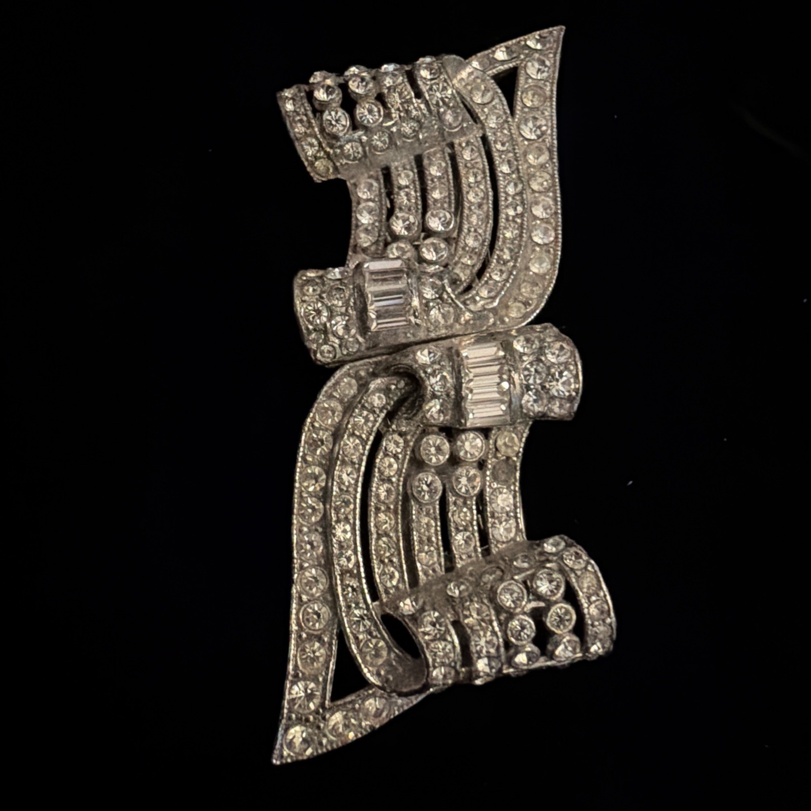 Vintage Coro Duette Art Deco Convertible Brooch Pin Silver Clear Rhinestone Pin