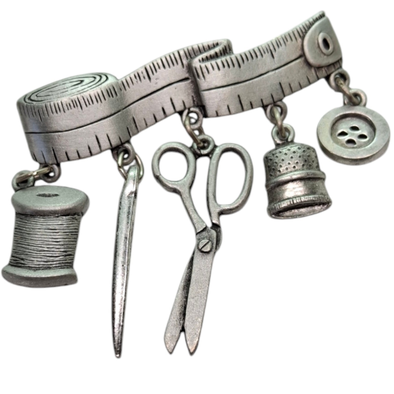Vintage JJ Sewing Themed Brooch Scissors Button Thread danglers Measuring Tape