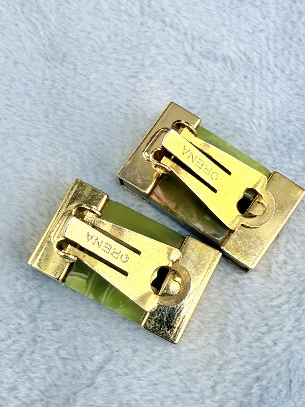 Vintage Orena Paris Earrings Green Lucite Gold Tone Signed