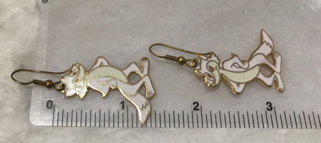 Vintage Enamel Gold White Whimsical Fox Dangle Pierced Earrings