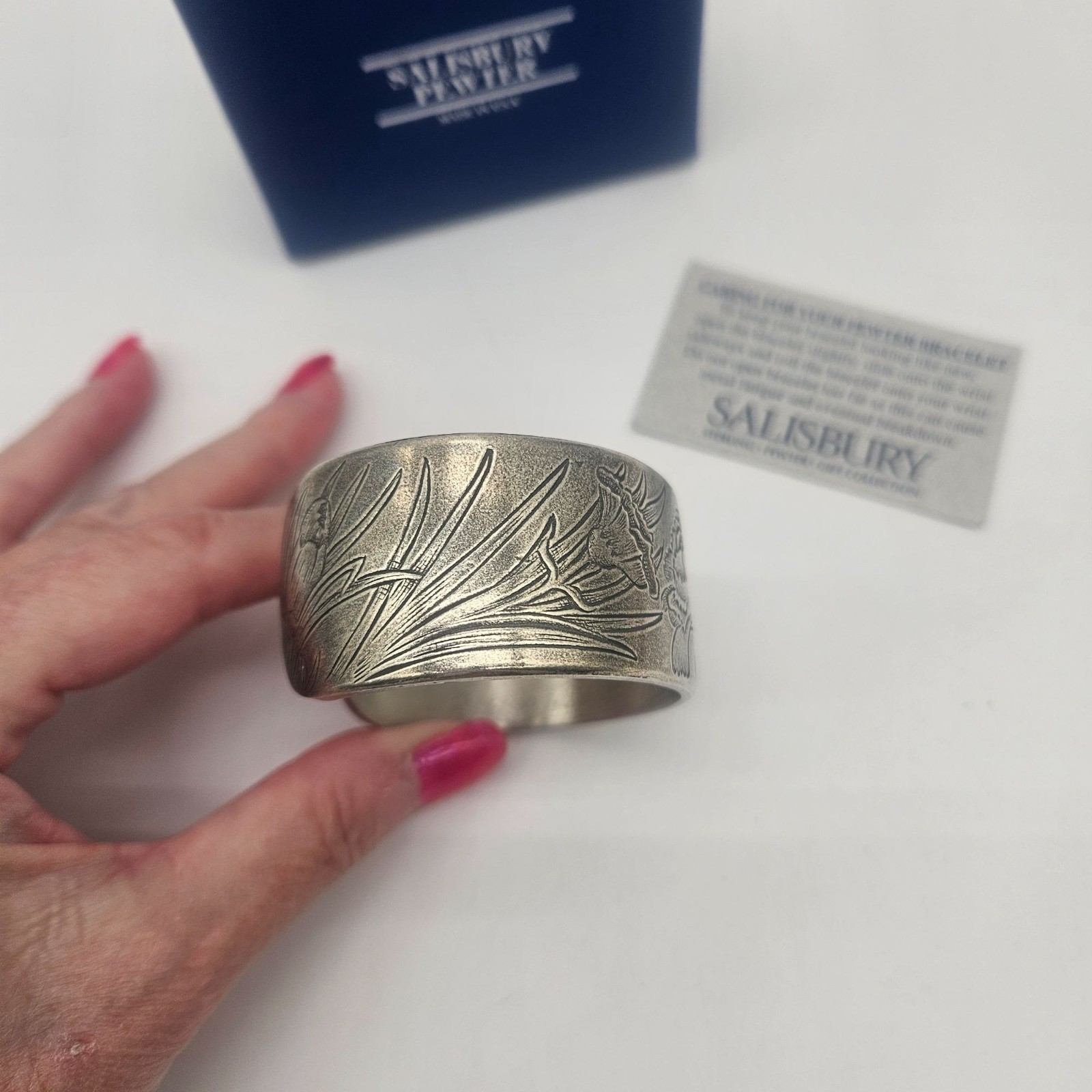 Salisbury Pewter Cuff Bracelet Birth Month Flower January Carnation Boxed