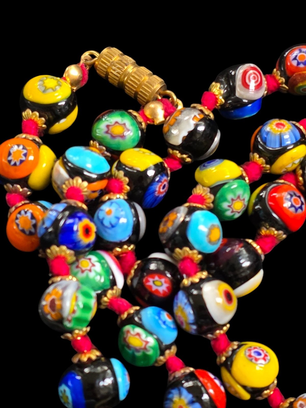 Vintage Multi Color Murano Millefiori Venetian Art Glass Round Beads Hand Knot