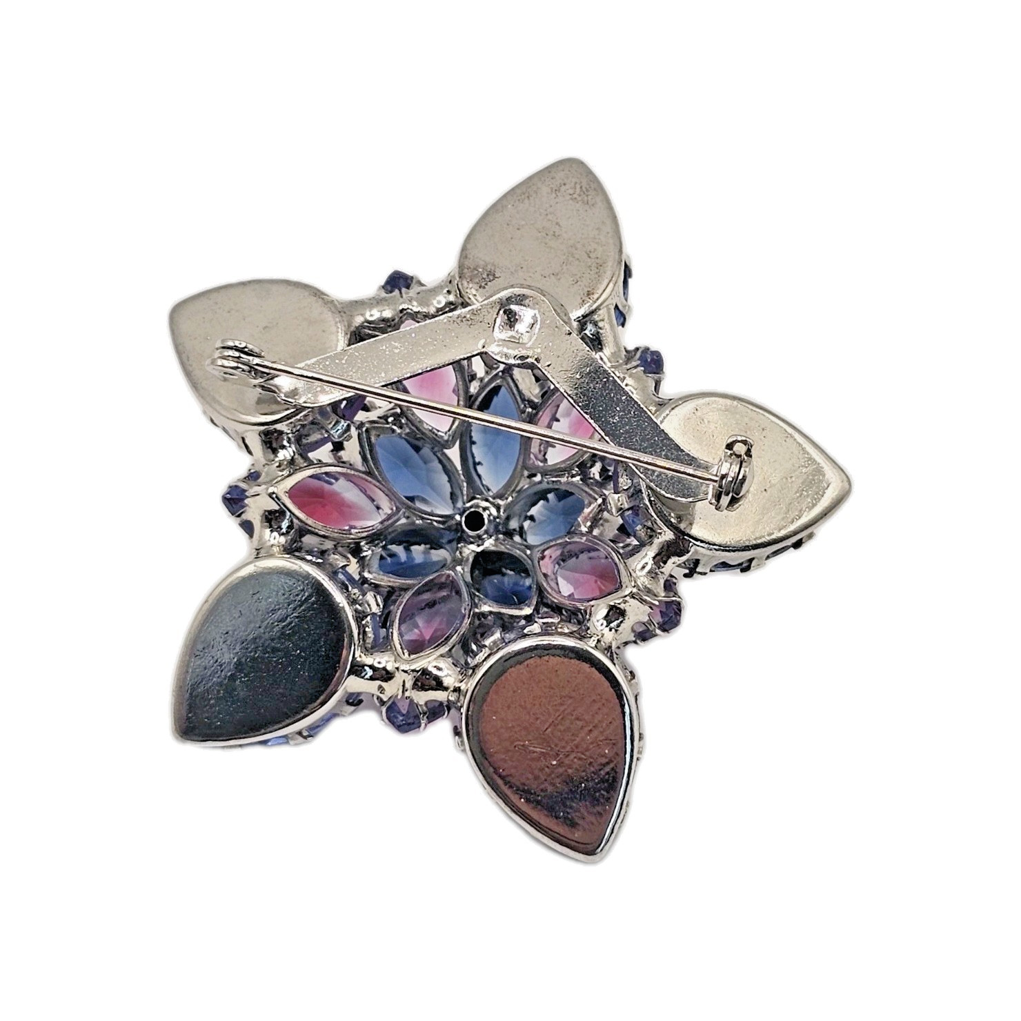 VTG Starburst Domed Purple Blue Pink Vitrail Glass Rhinestone Brooch Silver Tone