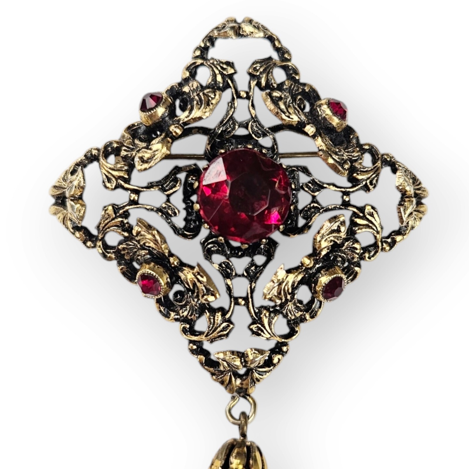 Austria Rhinestone Floral Brooch Vtg Art Nouveau Red Glass Brass Massive 4.25″