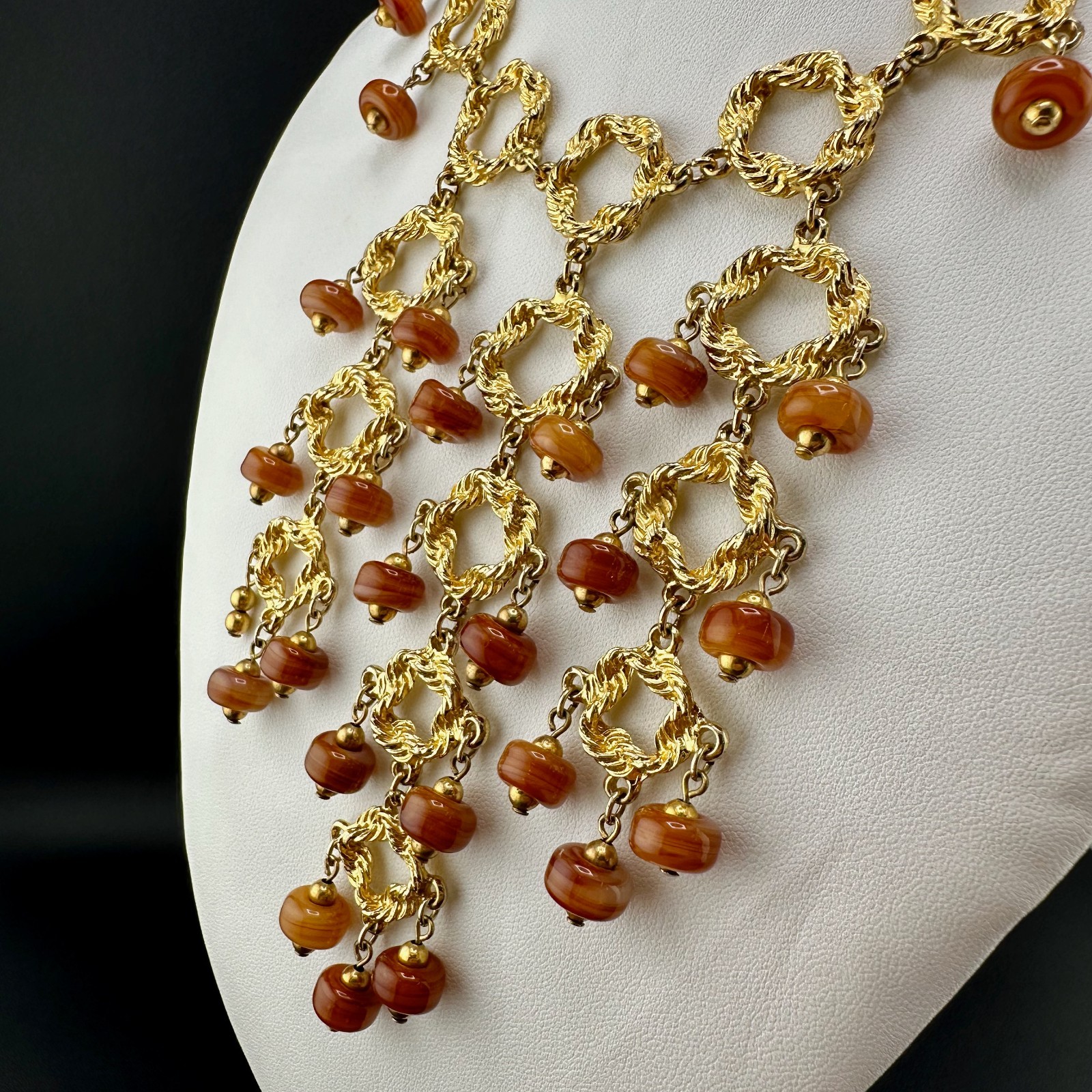 Vintage Statement Necklace Bib Fringe Hammered Gold Tone Link Agate Bead Dangles