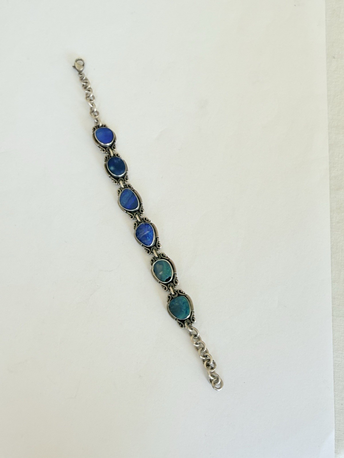 Vintage Sterling Silver Blue Australian Opal Link Bracelet 7”