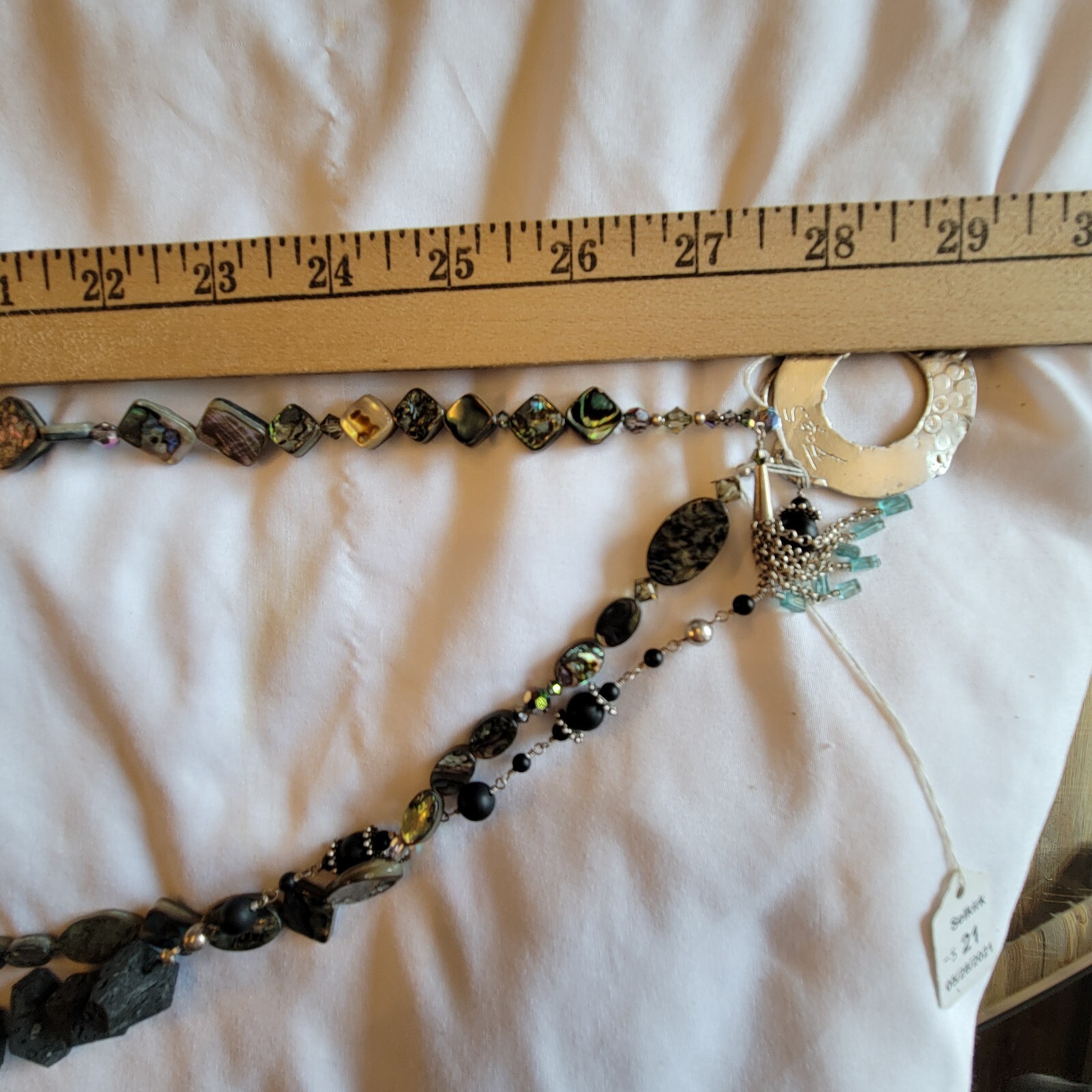 Vtg Lava Rock Mother of Pearl MOP Multi Strand Statement Necklace Signed Bob
