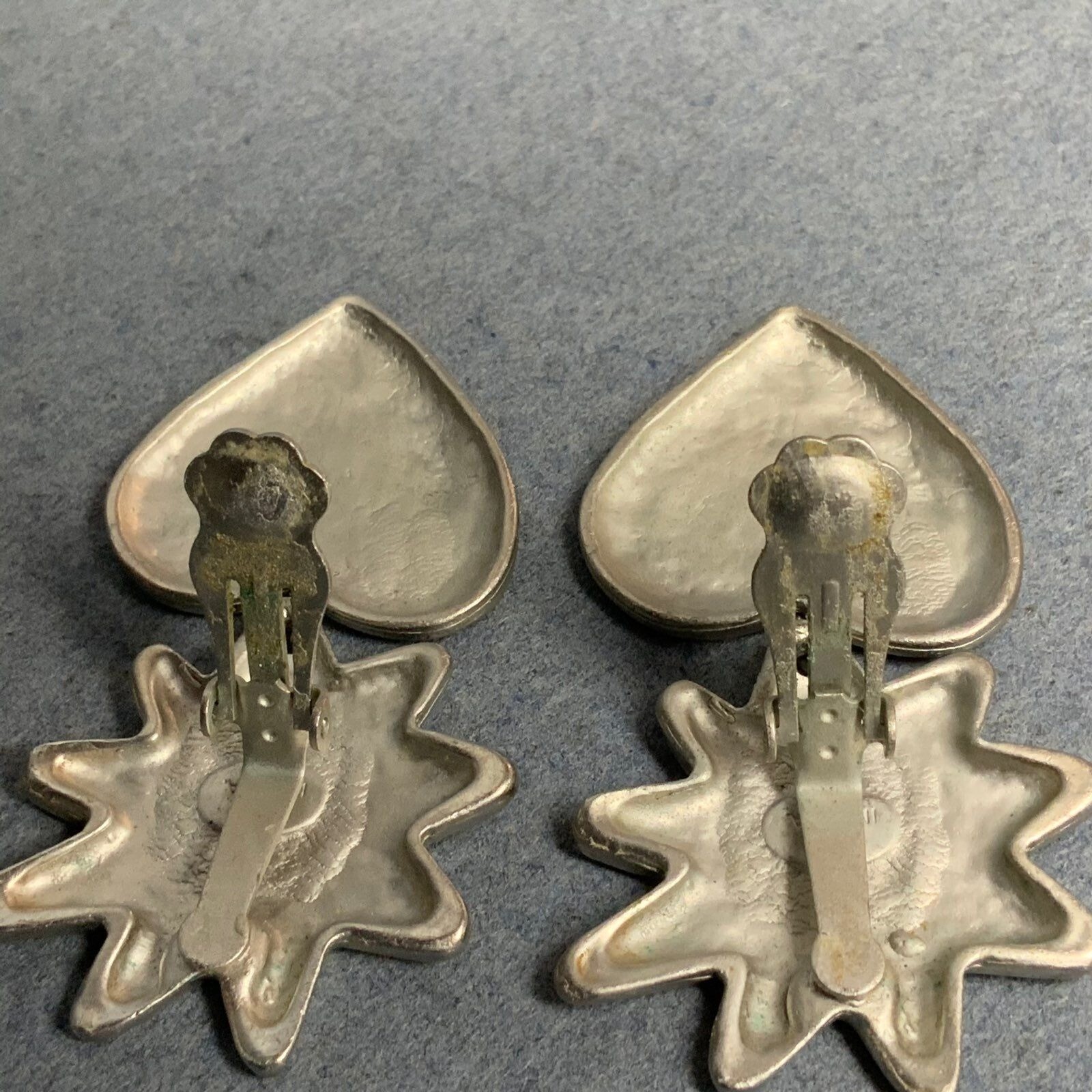 Starburst Heart Clip-On Earrings 2.5 In As Is Matte Silver Retro 50s 60s 80s 90s