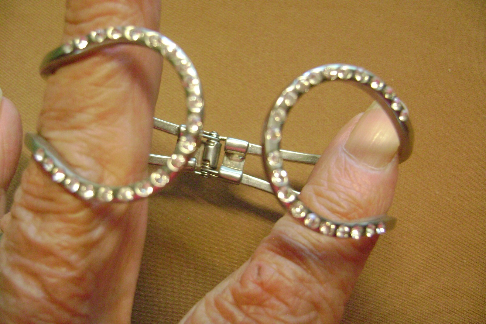 SIGNED MONET RHINESTONE HINGED OPEN CUFF/ BANGLE SILVER TONE BRACELET