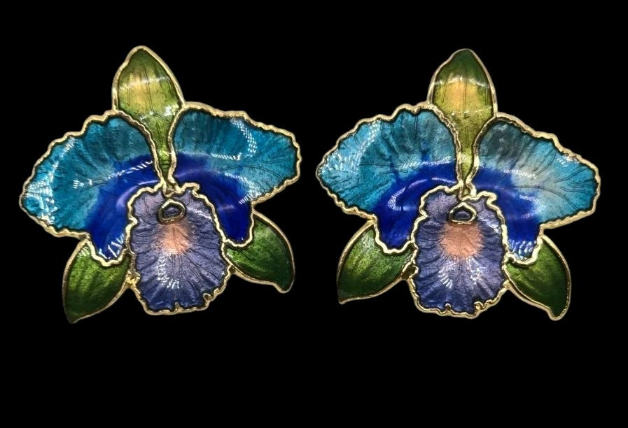 Vintage Cloisonne Blue Purple And Gold Orchid Flower Earrings