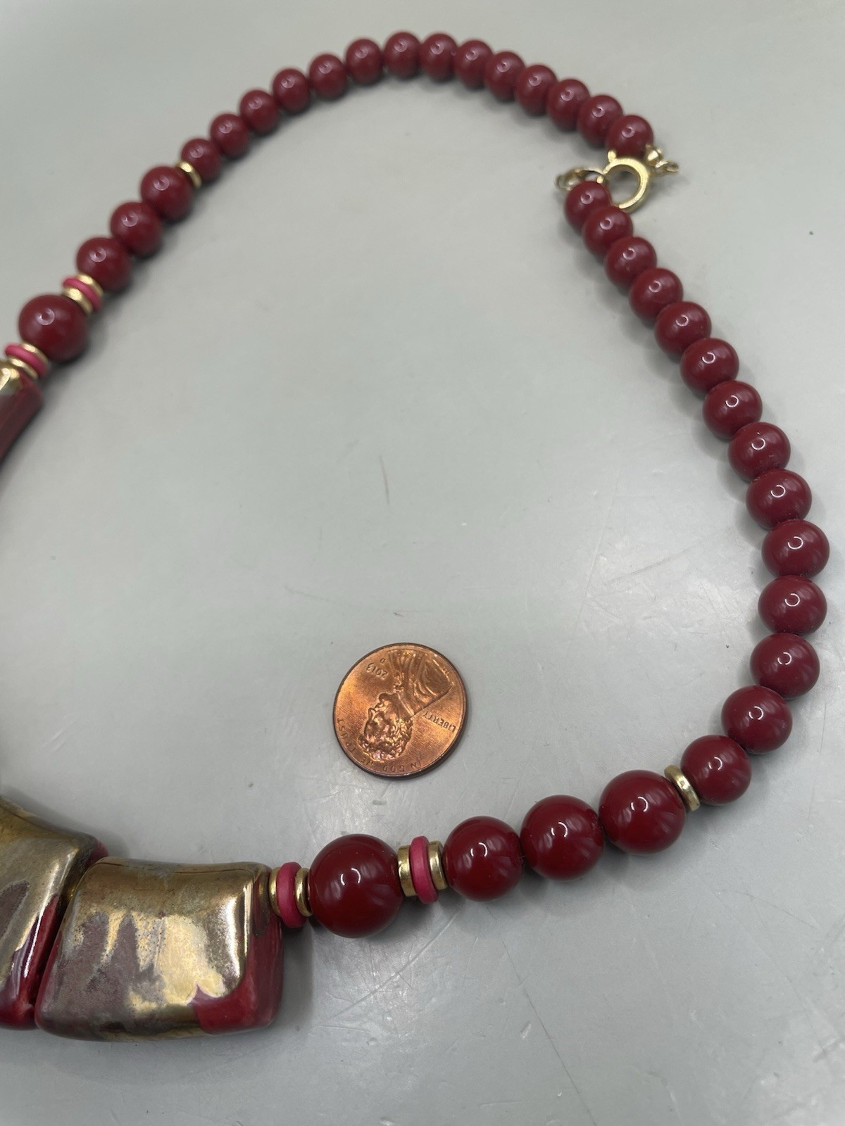 Vintage Japan Rust Red Art Pottery Ceramic Beaded Necklace W/Metallic Accents