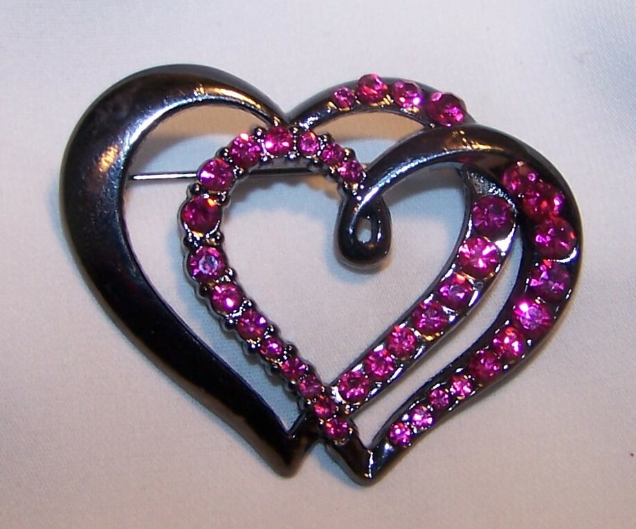 Vintage Valentine’s Day Double Heart Pin Brooch-Pin Rhinestones-Gun Metal Color