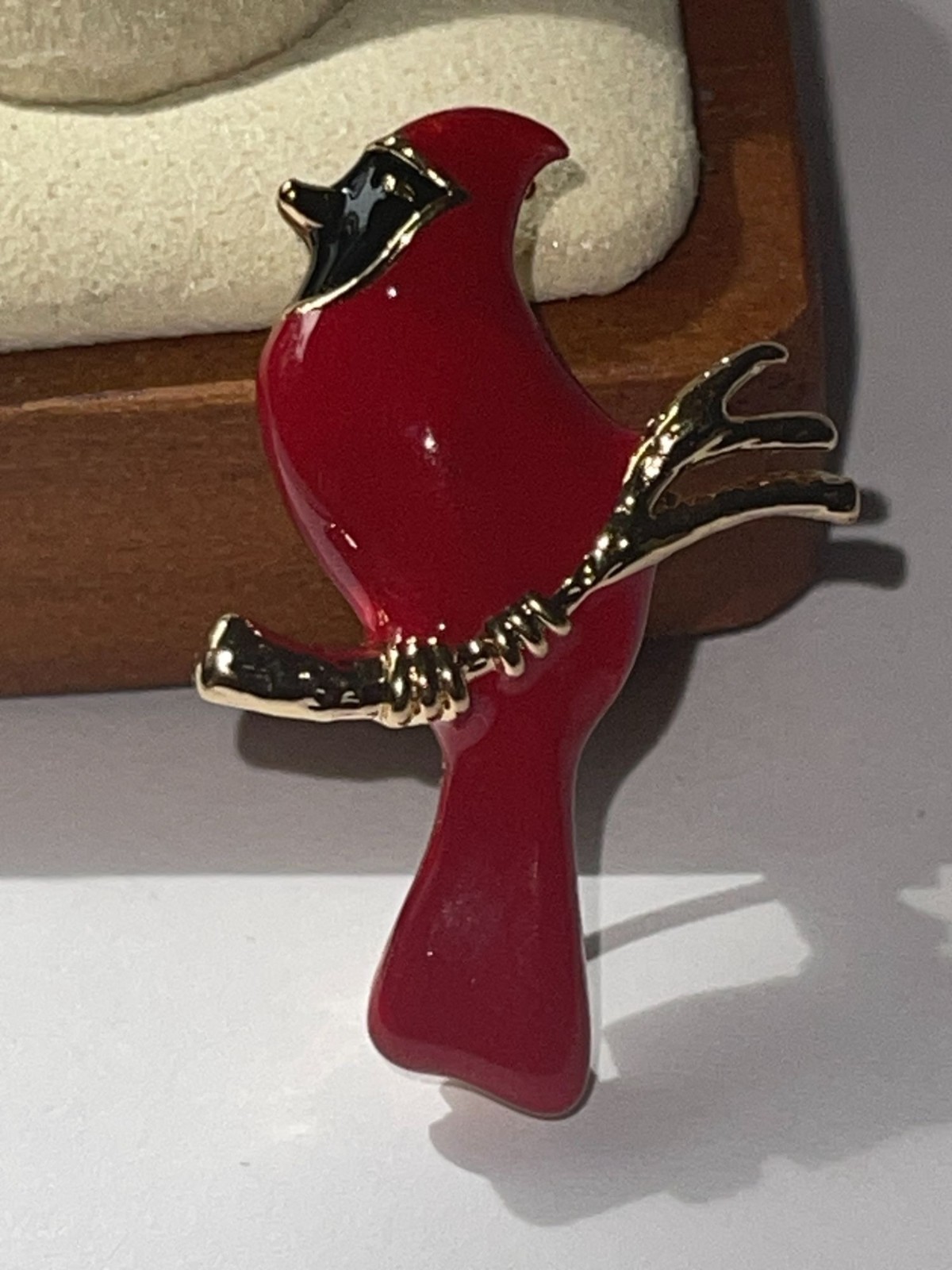 Cardinal Bird Brooch Pin With Gold-Tone Branch Red Enamel Finish