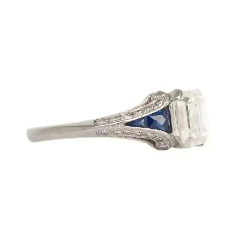 Art Deco Style Emerald Cut Lab Created Diamond 925 Silver Engagement Ring