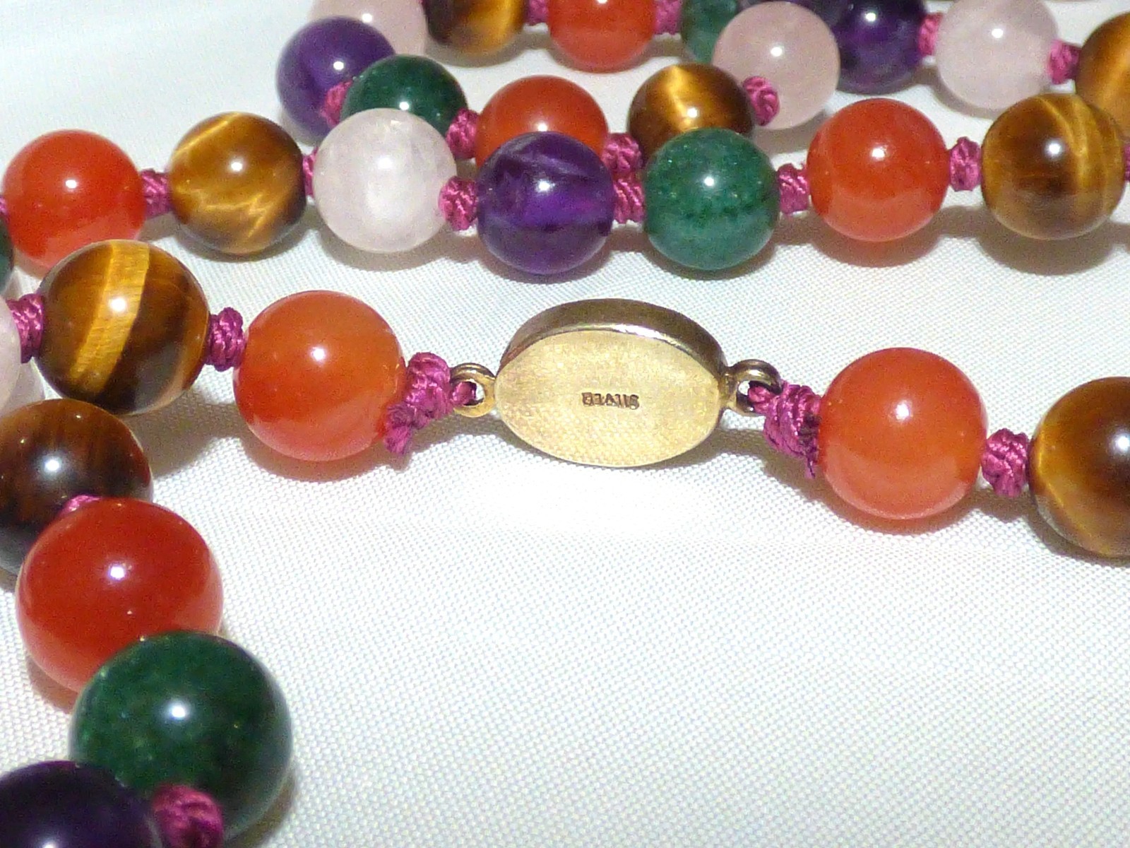 1960s Multi Colour Gemstone Hand knotted Gold Vermeil Silver Clasp Necklace
