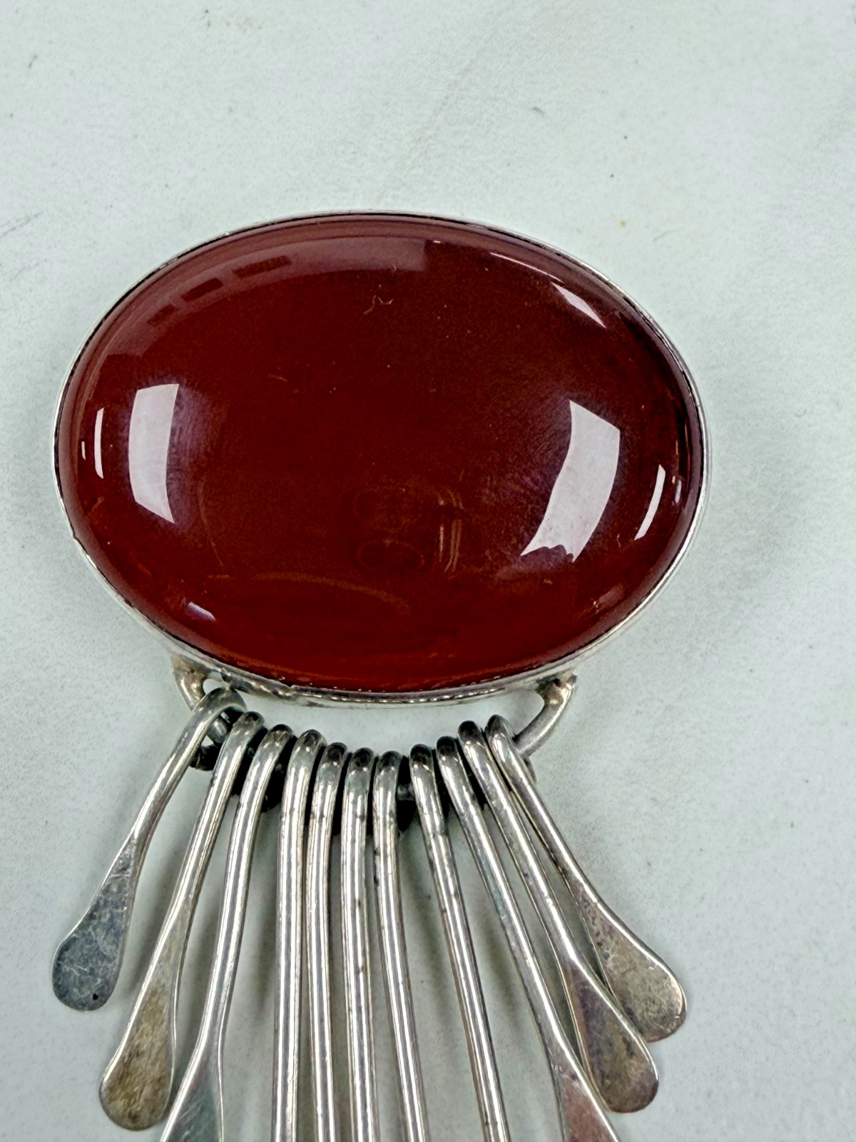 Vintage AIS Mexico Sterling Silver Deep Red Carnelian Cabochon Brooch Pendant