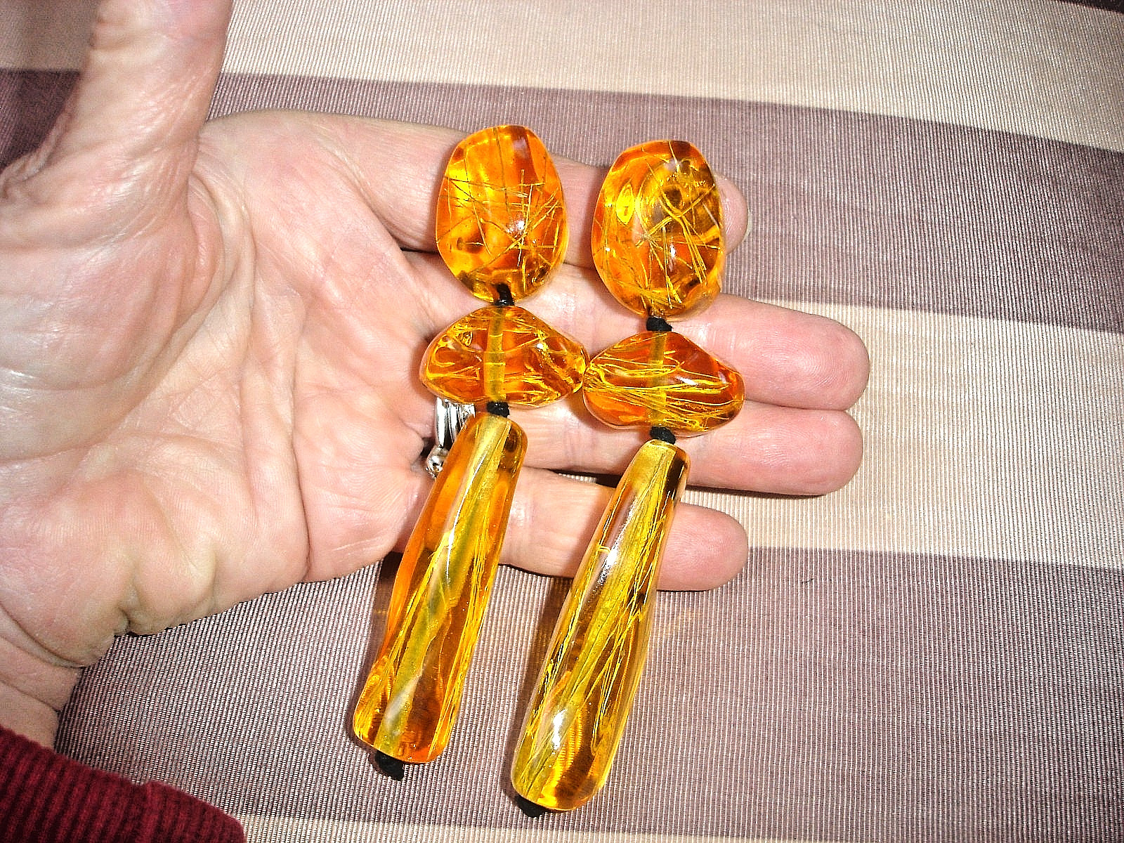 Vintage RARE Gerda Lynggaard Monies HUGE 4 Inch Amber Resin Dangly Clip Earrings