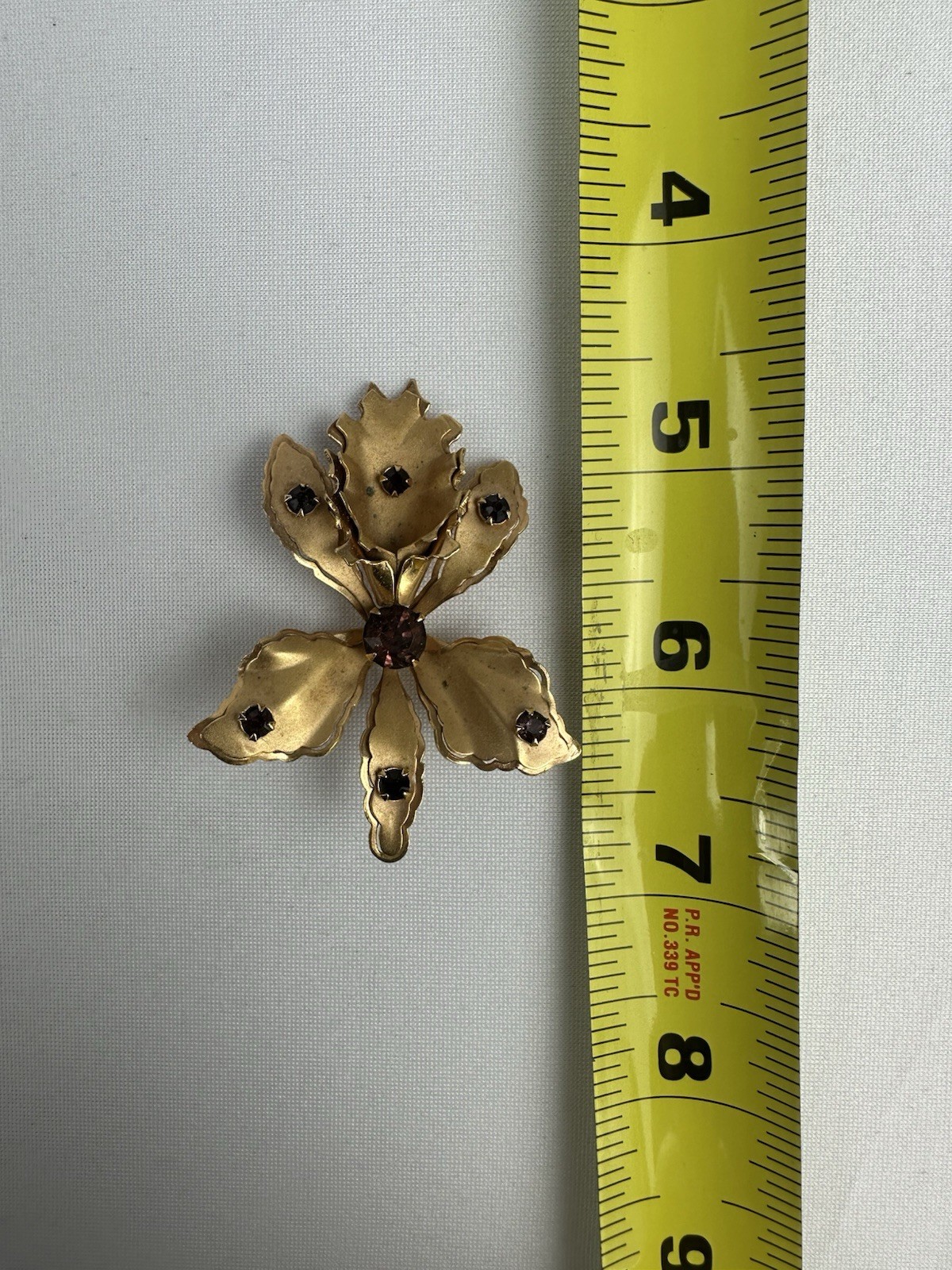 Goldtone Vintage Orchid Pin Purple Rhinestones