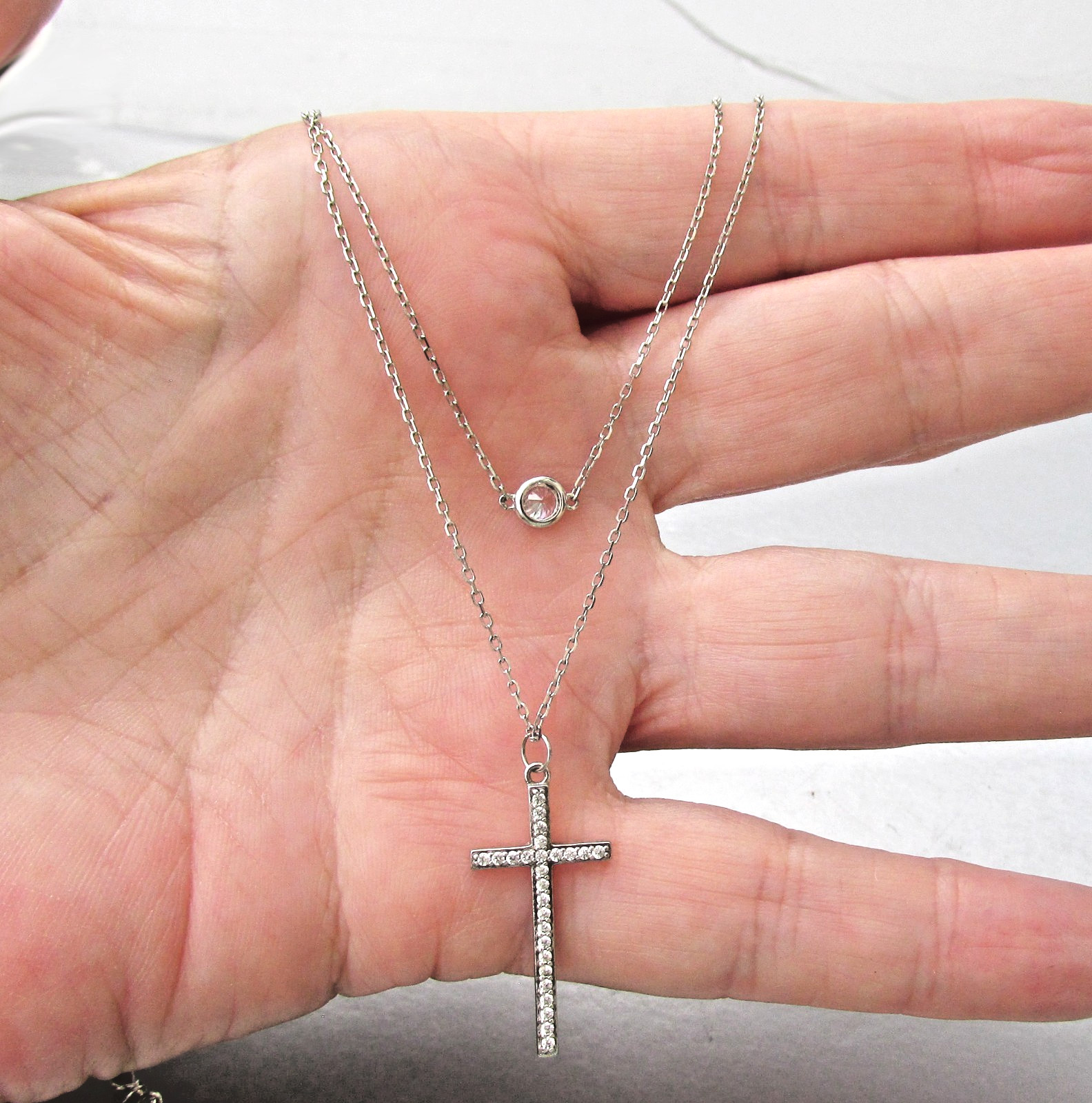 Vintage 2 Strand Sterling Silver CZ Cubic Zirconia CROSS Pendant Necklace