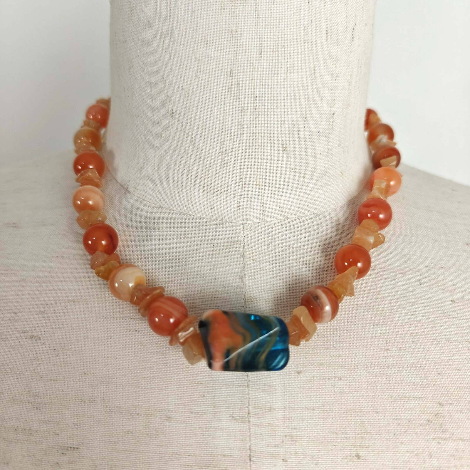 Vintage Lot of Two Beaded Necklaces Green Orange Coral Stones 17″ – 18″ Long
