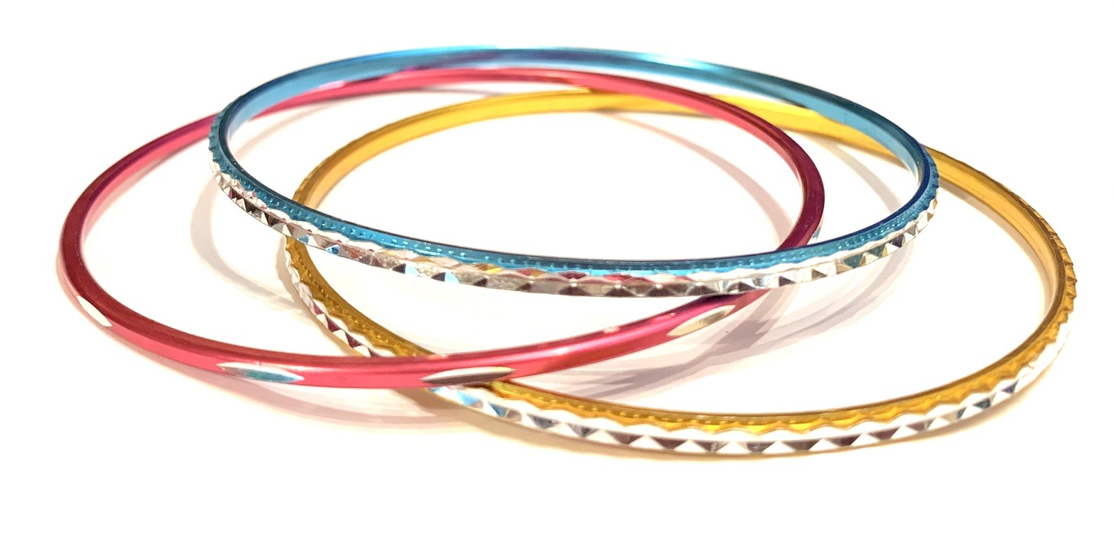 Vintage Aluminum Set 3 Bangle Bracelets Diamond Cut Design Aqua, Fuchsia,Yellow