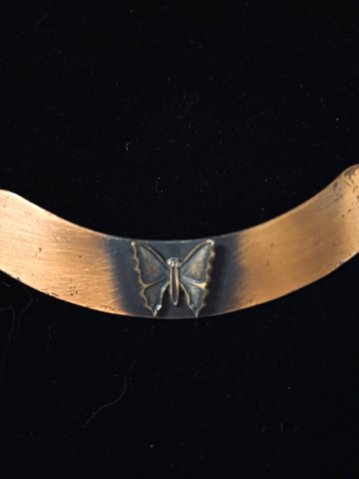 Vtg Curved Bar Pendant Chain Butterfly Choker Necklace Copper Tone 13″