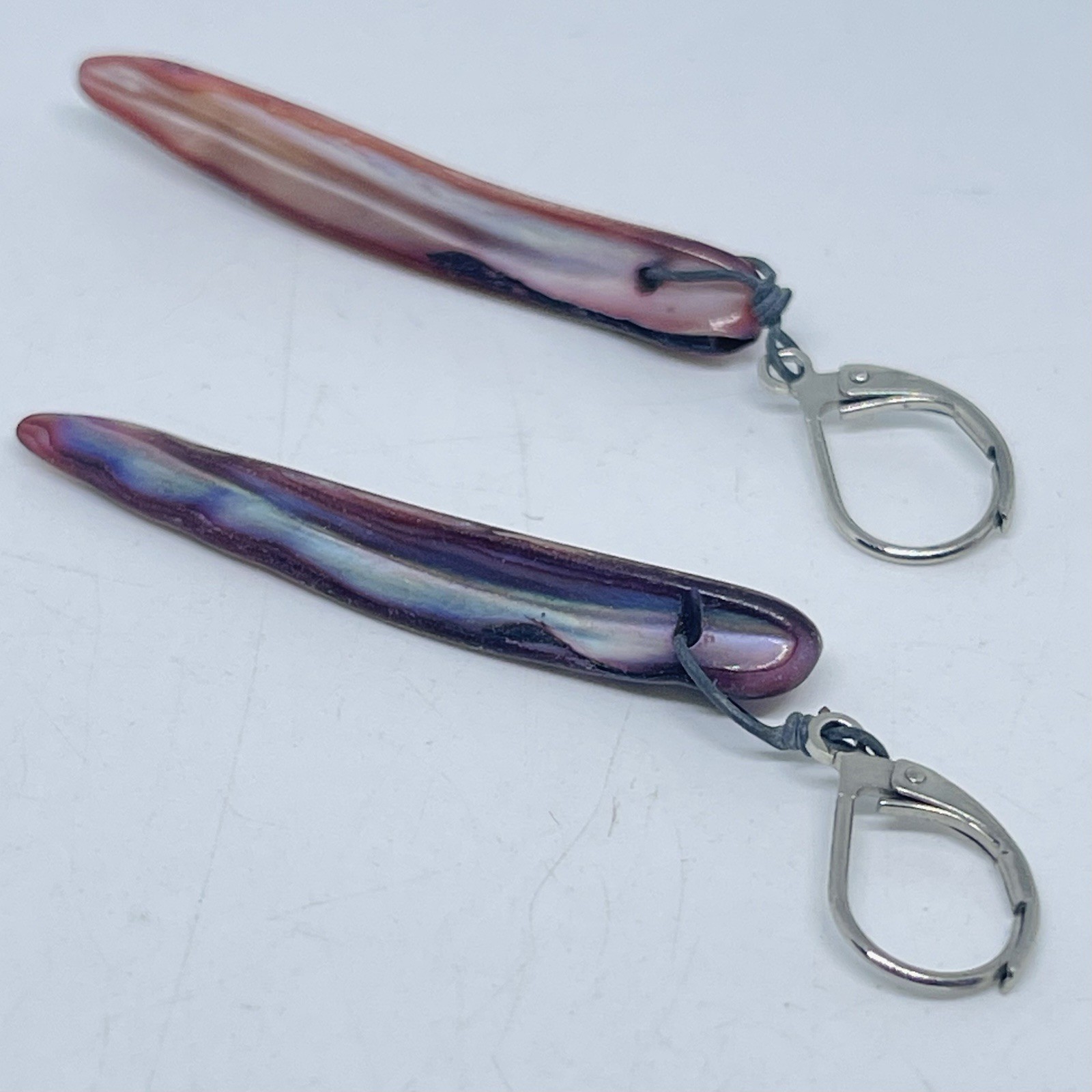 Vintage Colorful Pink Purple Blue Abalone Shell Talon Earrings Silver Leverback