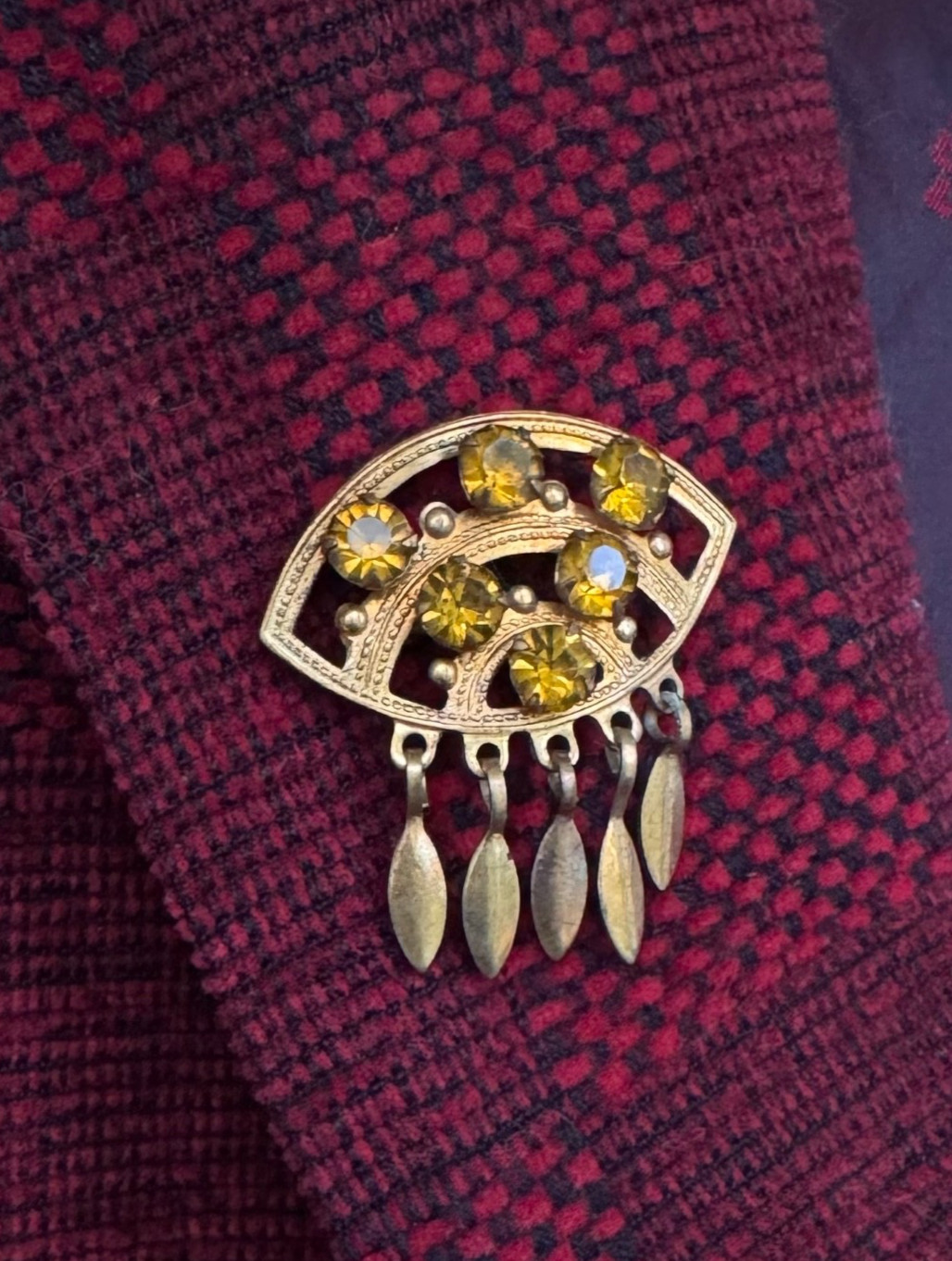 Vintage Soviet USSR Gold Plated Brooch Amber Glass Evil Eye Dangle