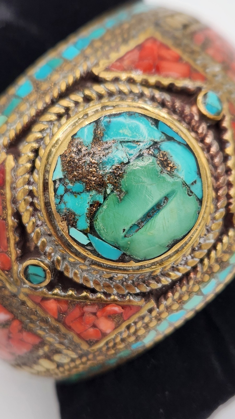 Vintage Brass Tibetan Style Inlaid Cuff Bracelet Multi Color Stones