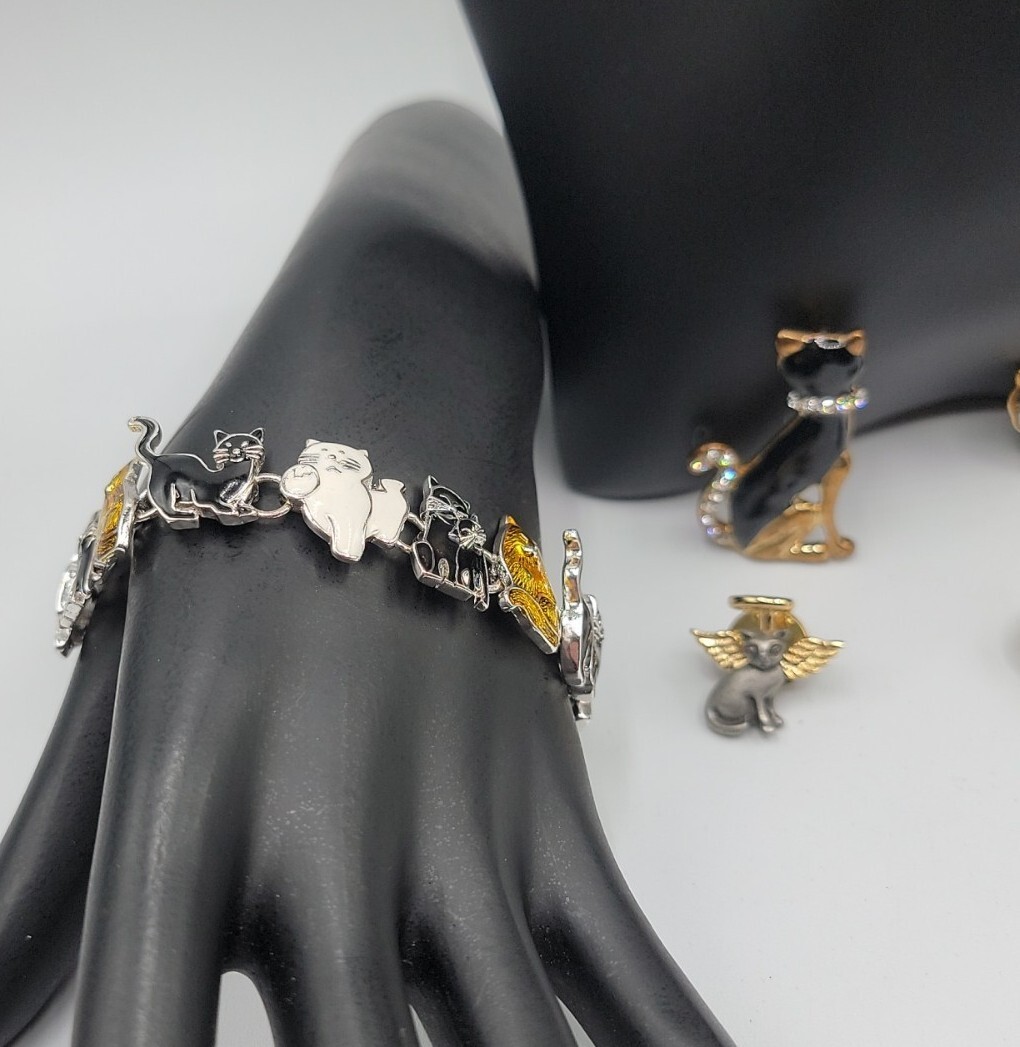 Cat Jewerly Lot 4 Kitty Pins Brooches Bracelet Sterling Silver Necklace