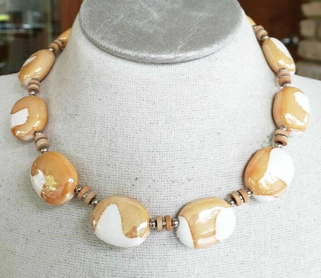 Vintage Peach White Ceramic Necklace Pierced & Clip Earrings Set Dahlkempers Box