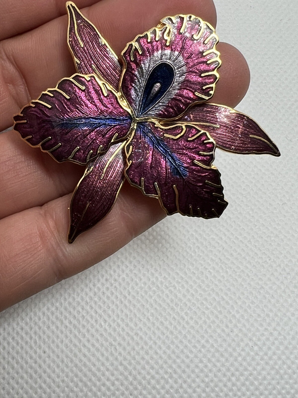 Large Gold Tone & Purple Enamel Orchid Brooch Pin STATEMENT PIECE signed M jewel