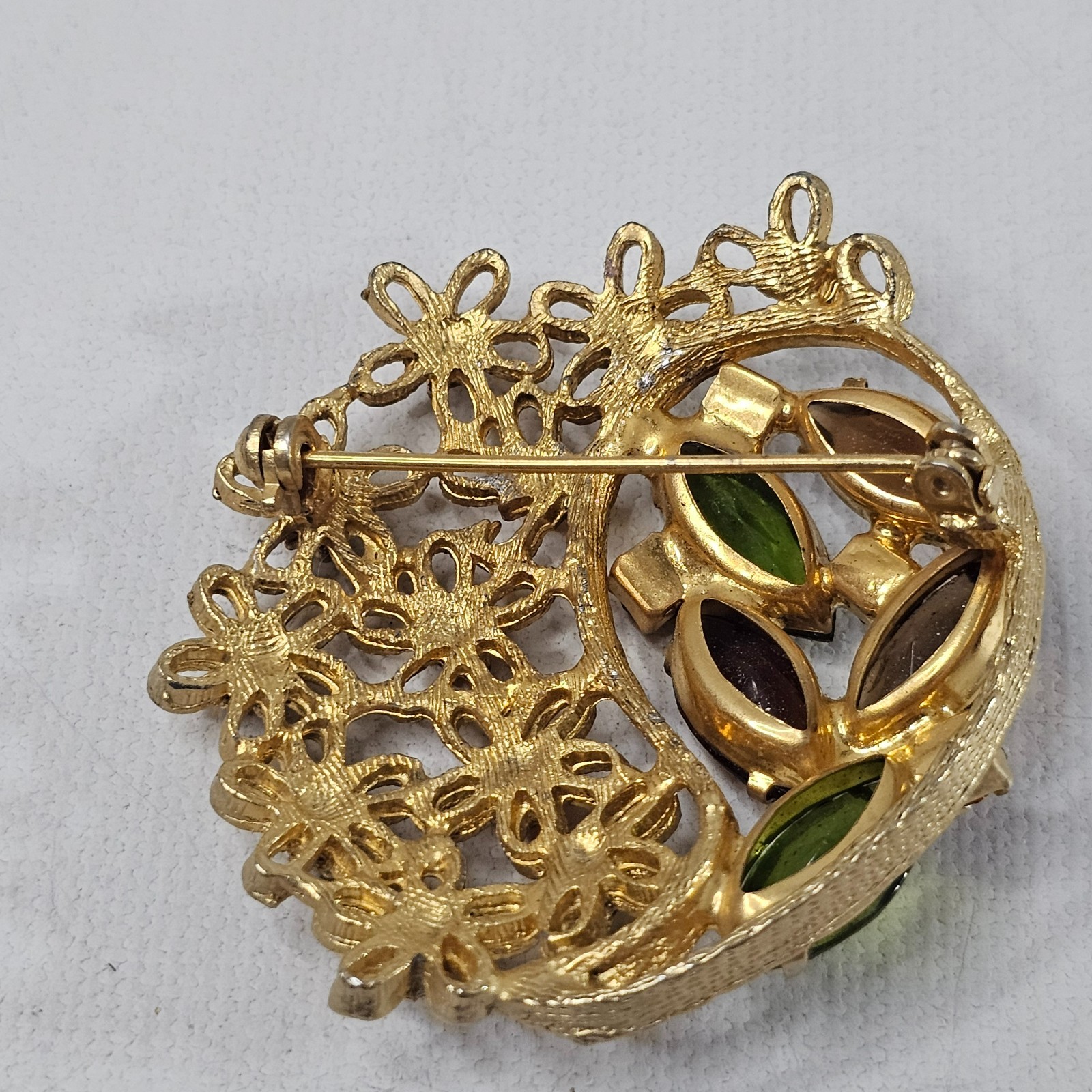 Gold Tone Floral Brooch Fall Colors Open Work Navette Rhinestone Unmarked Pin