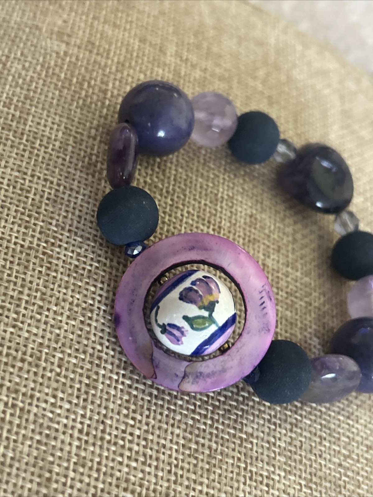 VTG Bead Bracelet Purple Matte w/ Abalone Ring Floating Floral Ball Hand Painted