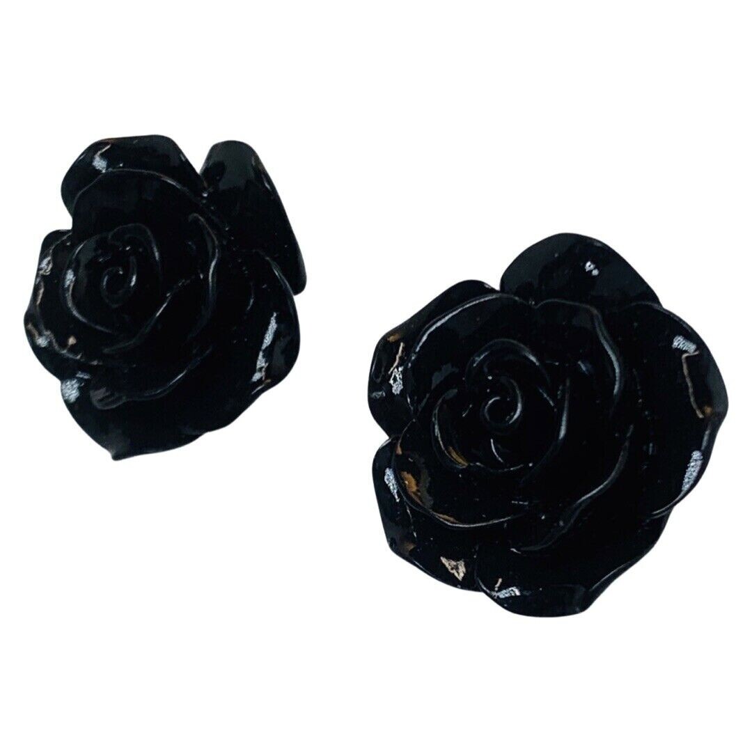 Black Rose Earrings Flower Button Stud 1″ Pierced Lucite Gothic Punk Indie