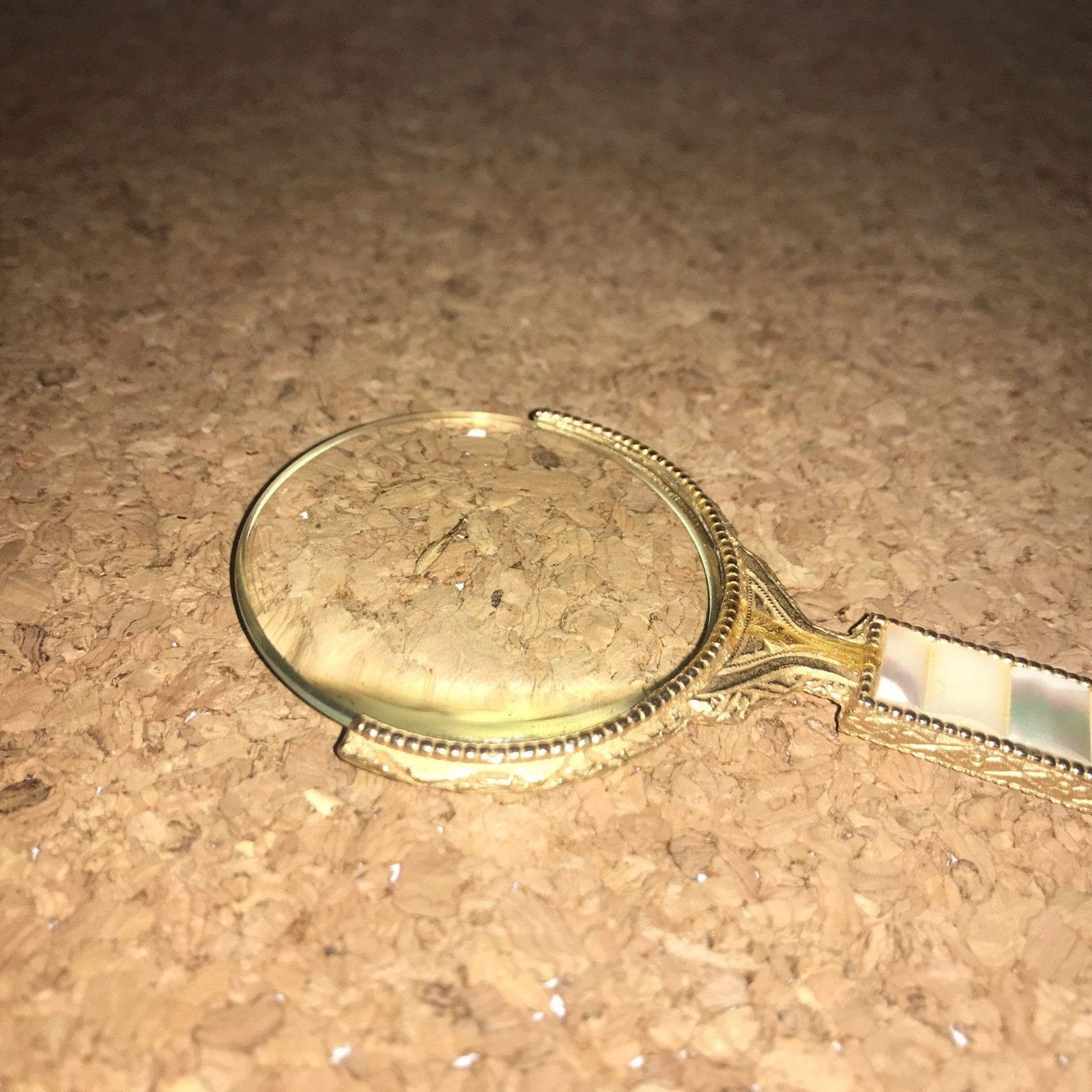 Beautiful Art Deco Ornate Gold Mother of Pearl Magnifying Glass Circa 1920’s 4”