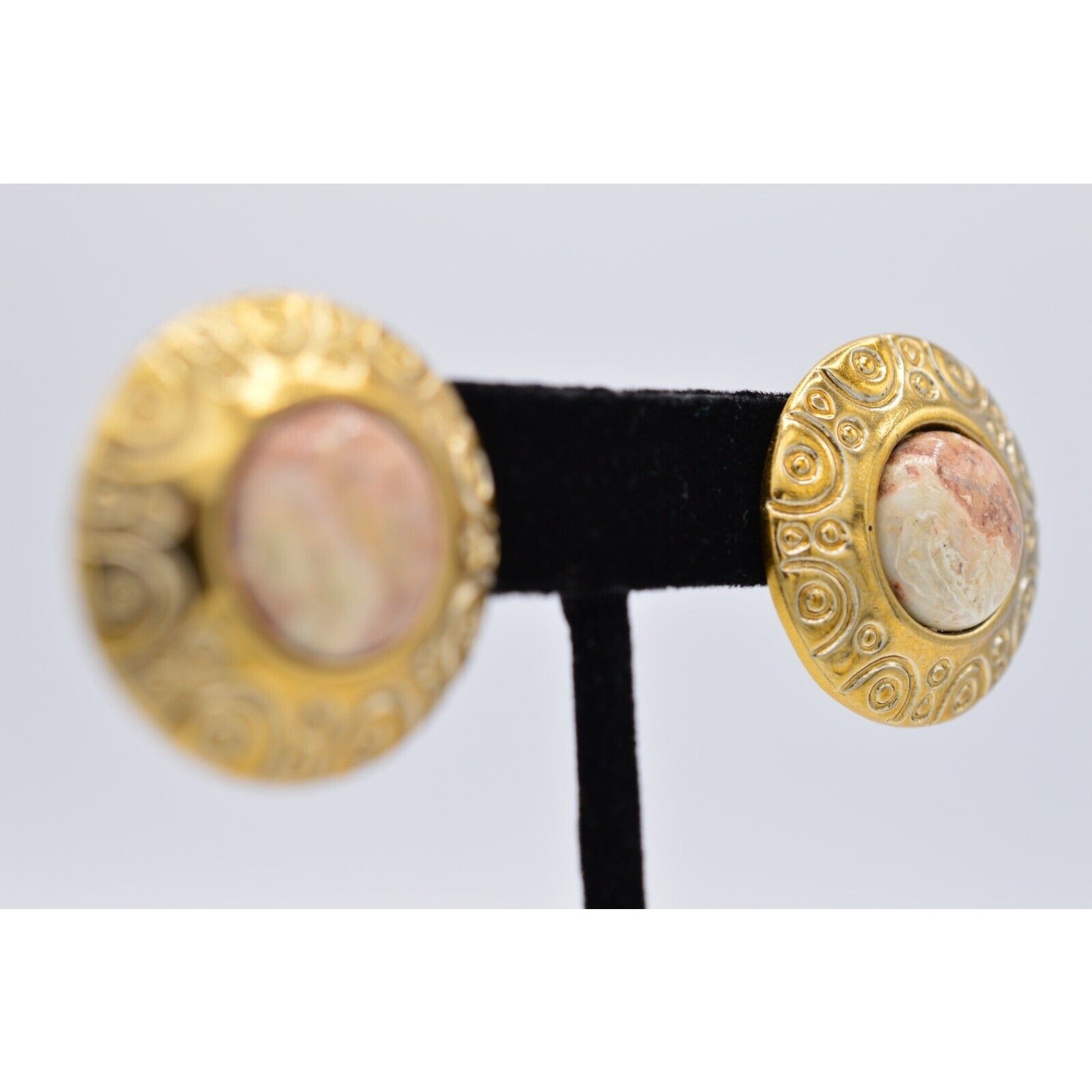 Vintage Earrings Marbled Faux Cabochon Lightweight Metal Chunky 1980s BinAF