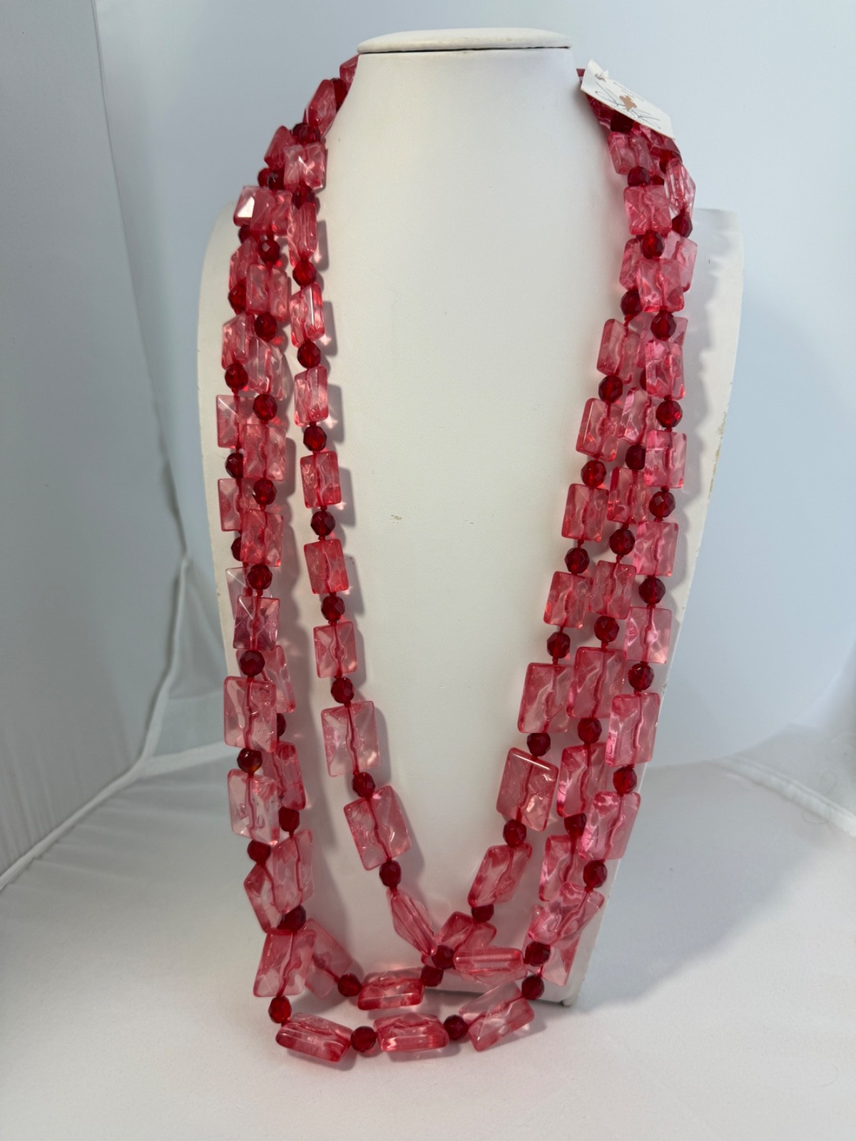 Vintage Pink & Ruby Red Lucite Acrylic Necklace 16” triple Strand statement