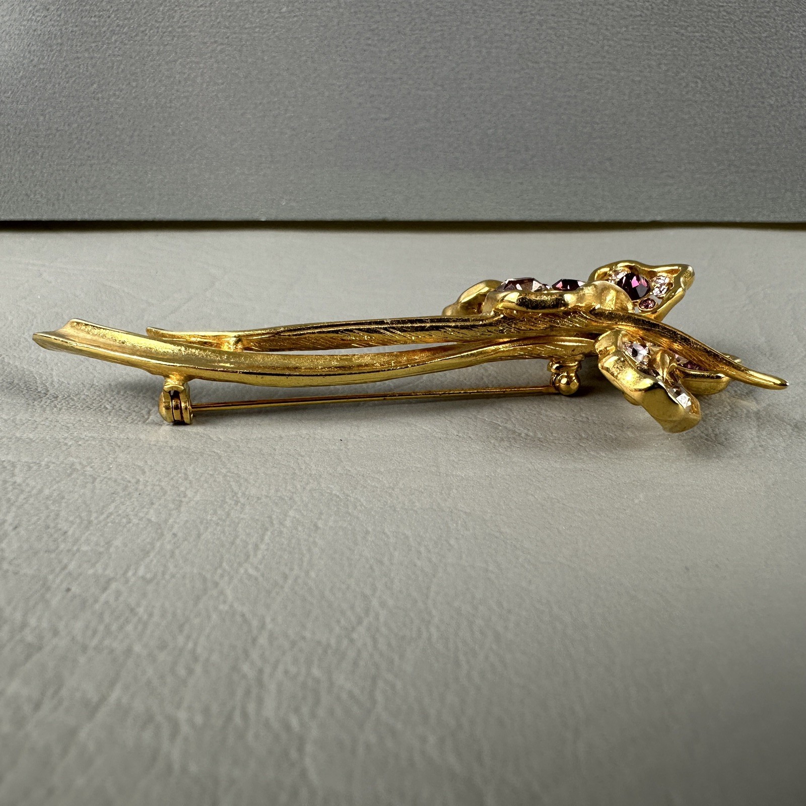 Vintage Flower Brooch Gold Tone Orchid Iris Purple Rhinestones 3.25″