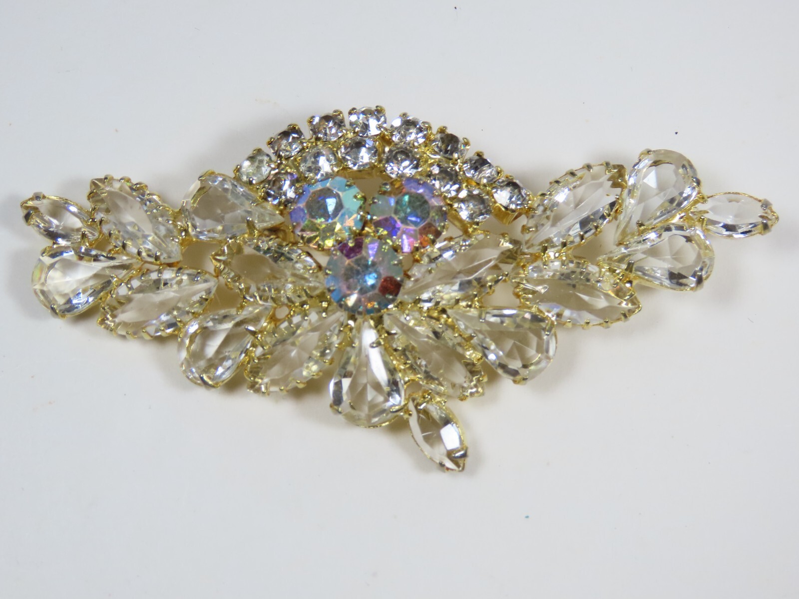 AB Rhinestone Brooch Pin VTG Clear Crystal Cluster Spray Prong Stunning D1580