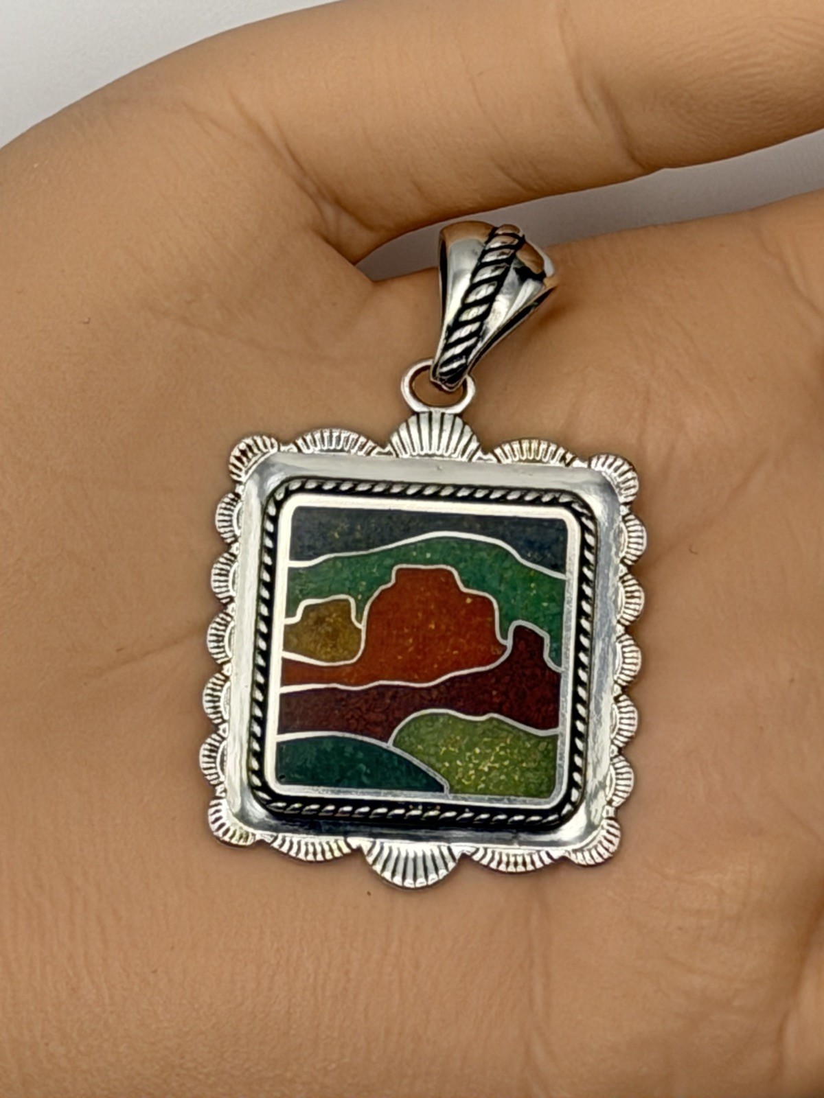 Carolyn Pollack 925 Sterling Silver Desert Scene Colorful Multi-Stone Chip Inlay