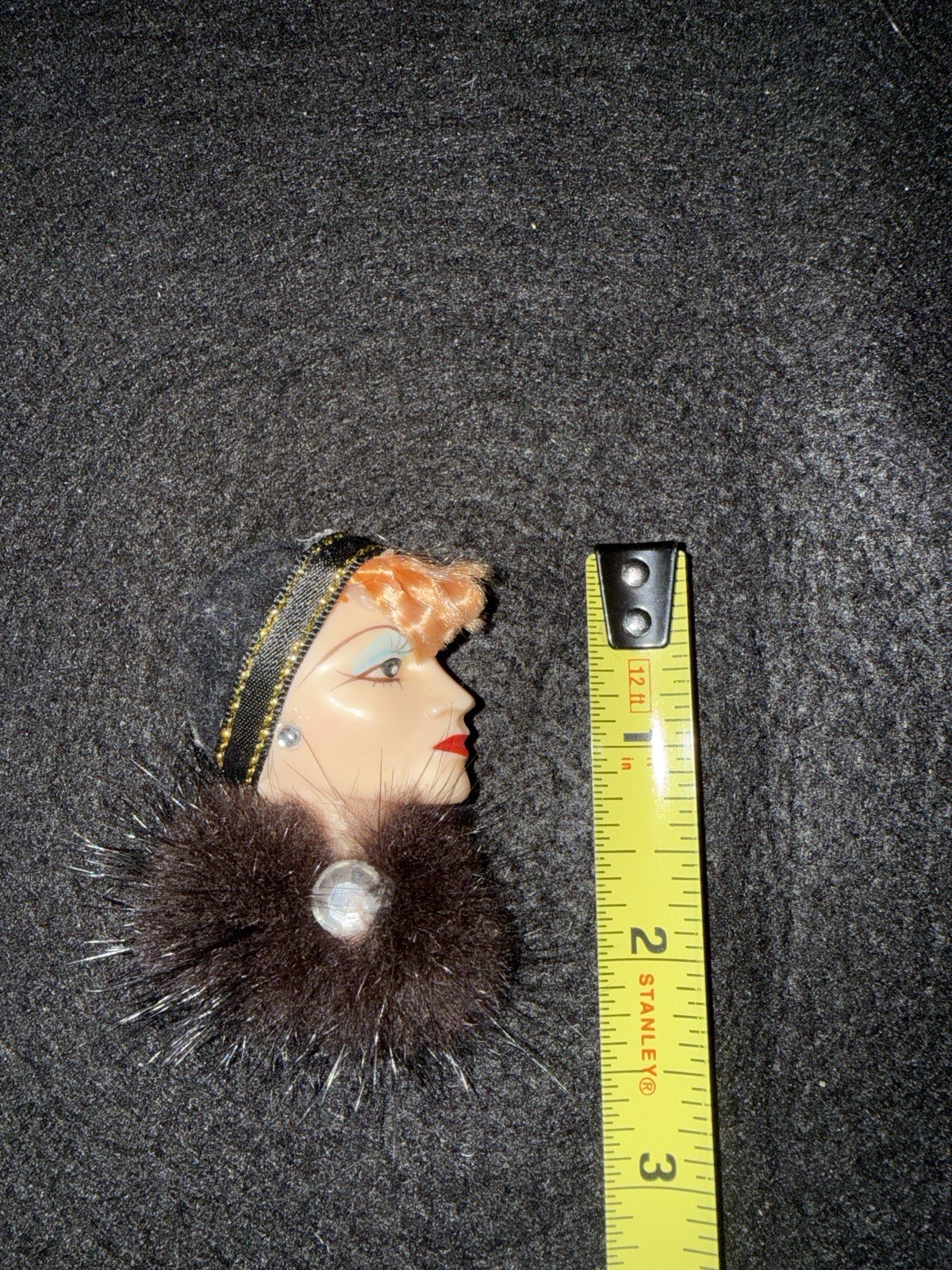 Vintage Art Deco Lady Face Brooch – Faux Fur Collar, Ribbon Hat, Rhinestone– 3”