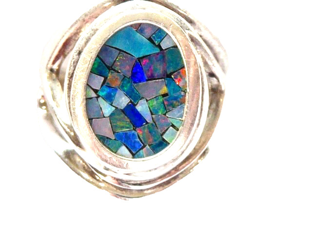 VINTAGE STERLING SILVER SIGNED WK STERLING BLACK. OPAL MOSAIC RING SIZE 7 RING