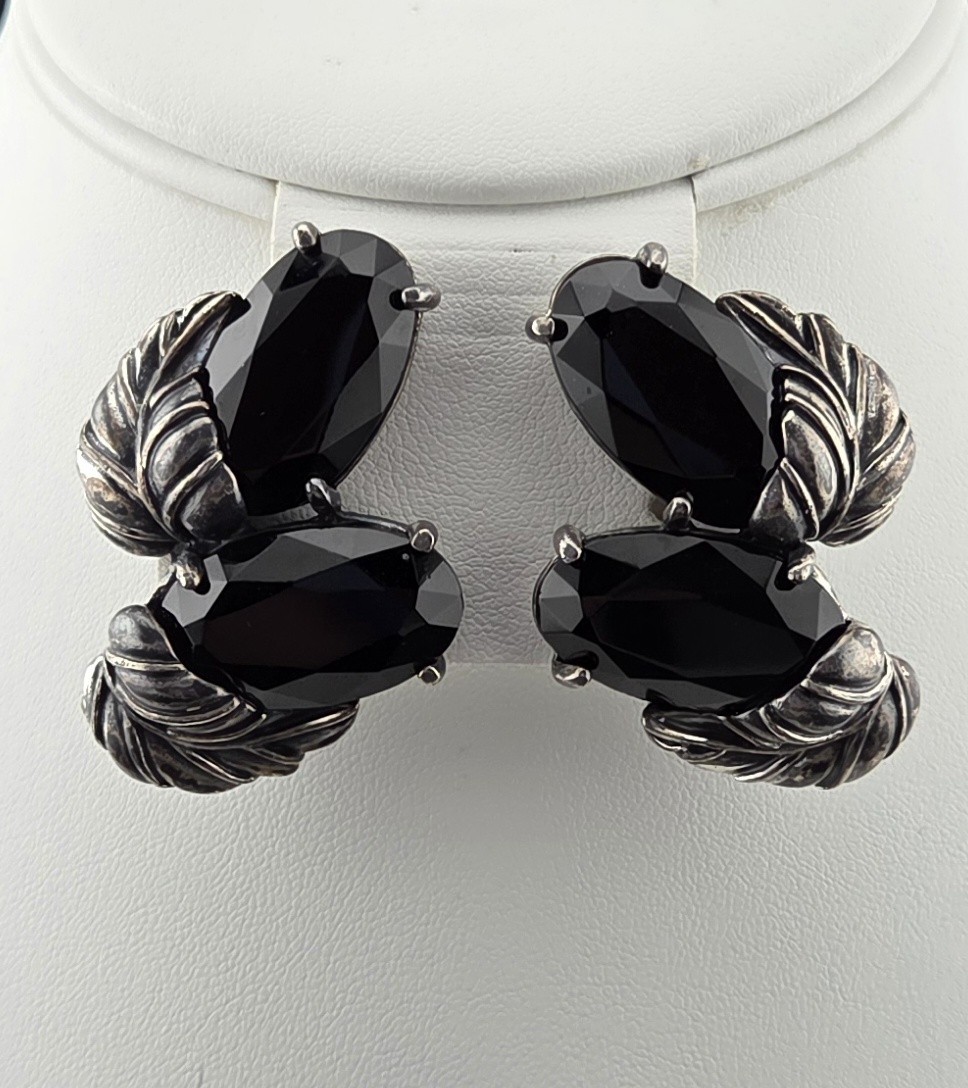 Vintage Signed Schiaparelli Black Glass Leaf Clip-On Earrings Rhodium Plated
