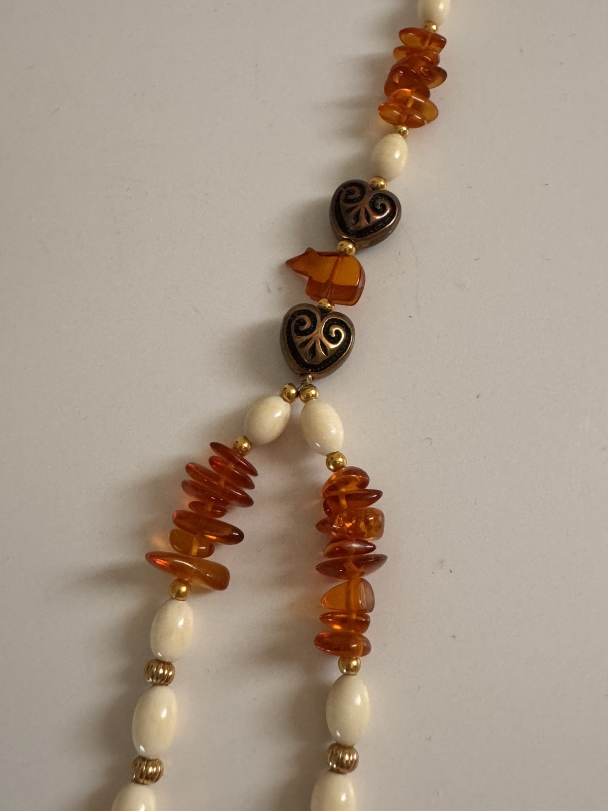 Vintage Lee Sands Double Strand Amber Bead Necklace Heart Spacer Boho Coastal