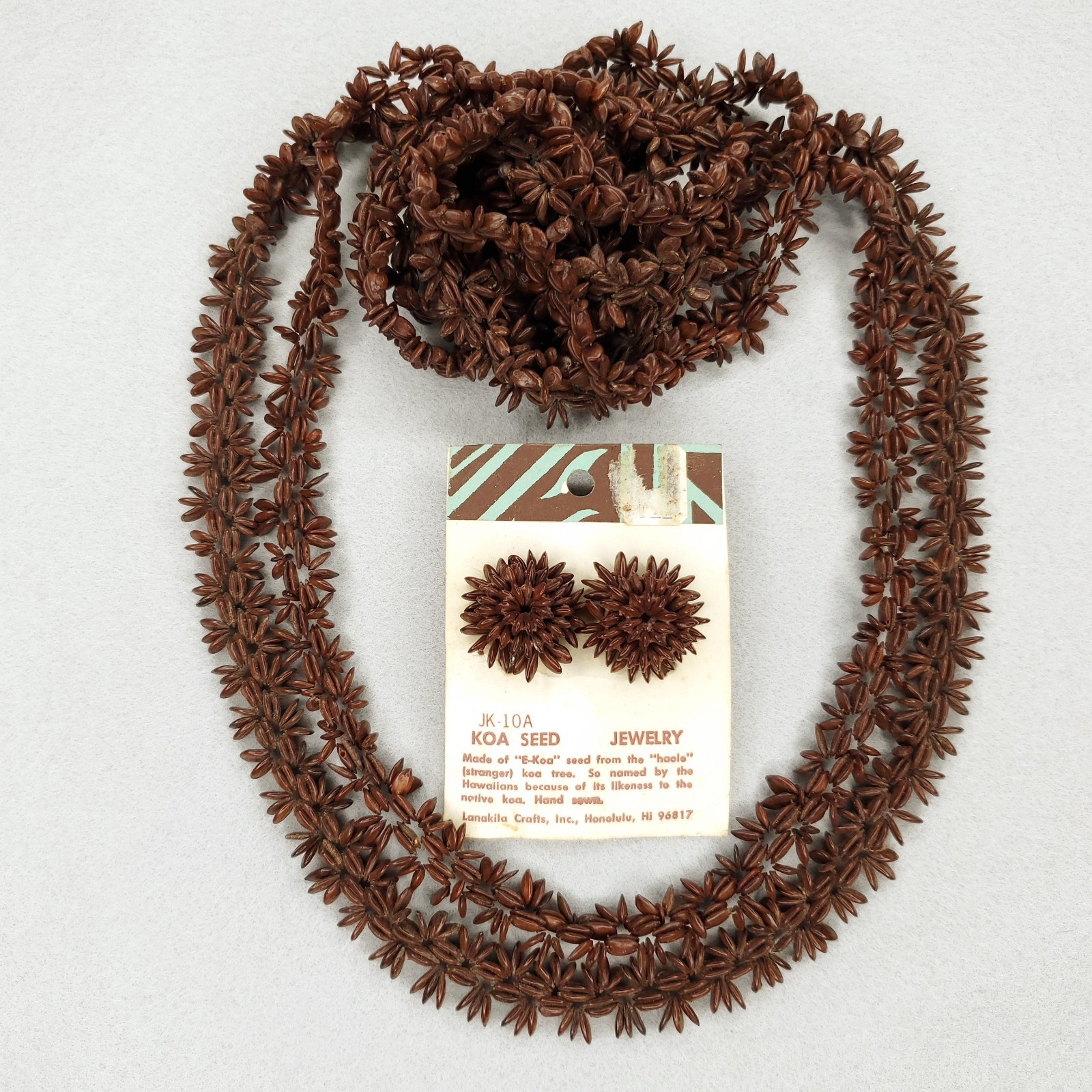 Vintage Koa Seed Necklace Earring Set Brown Long Lei Hawaii Boho Tiki 50″