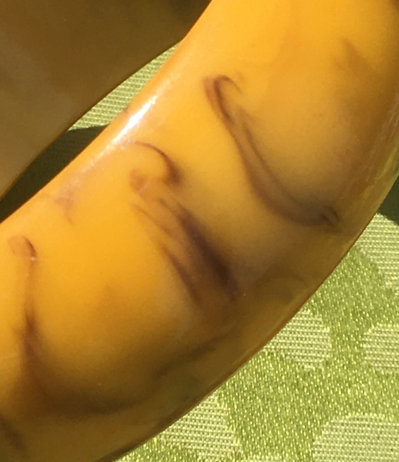 FRENCH 1940s WOMEN WIDE BANGLE BRACELET~YELLOW & BROWN MARBLED BAKELITE~PERFECT