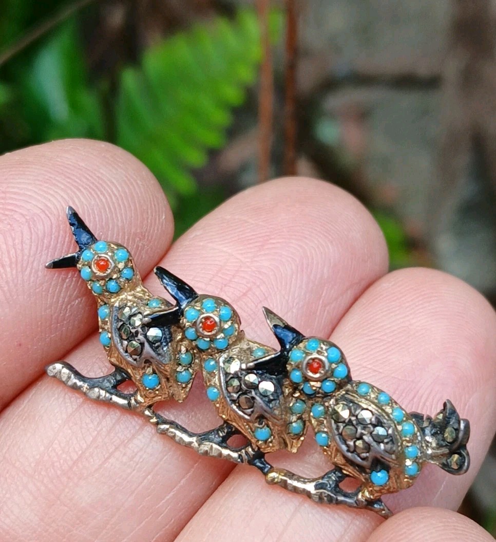 Nice Sterling Silver Enamel Marcasite 3 Birds Branch Brooch/Pin Germany US Zone