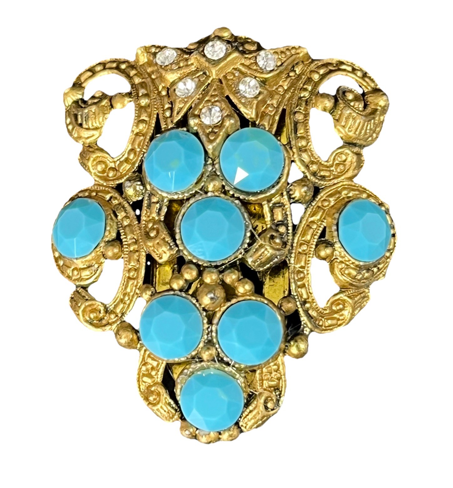 New England Glass Works Dress Clip Turquoise Rhinestone Gold NE Antique Vtg